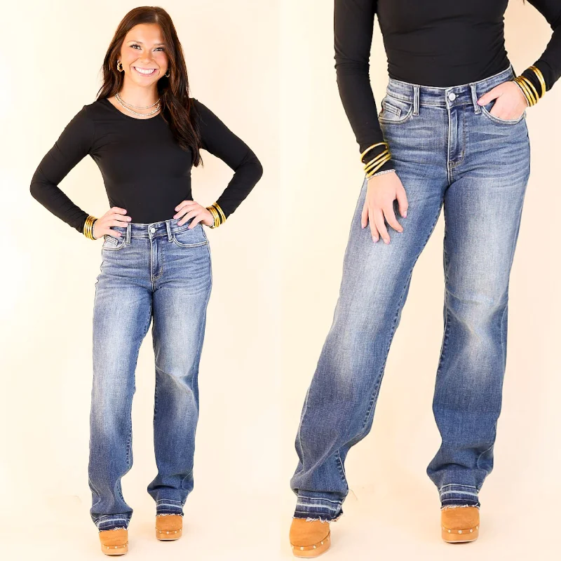 Judy Blue | Effortless Appeal Mid Rise Dad Jean with Release Hem in Dark Wash Fashionable White Denim Jeans