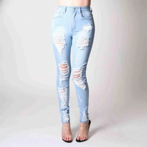 Red Fox High Waist Rip Off Skinny Jean (Light Blue) Comfortable Dark Wash Jeans