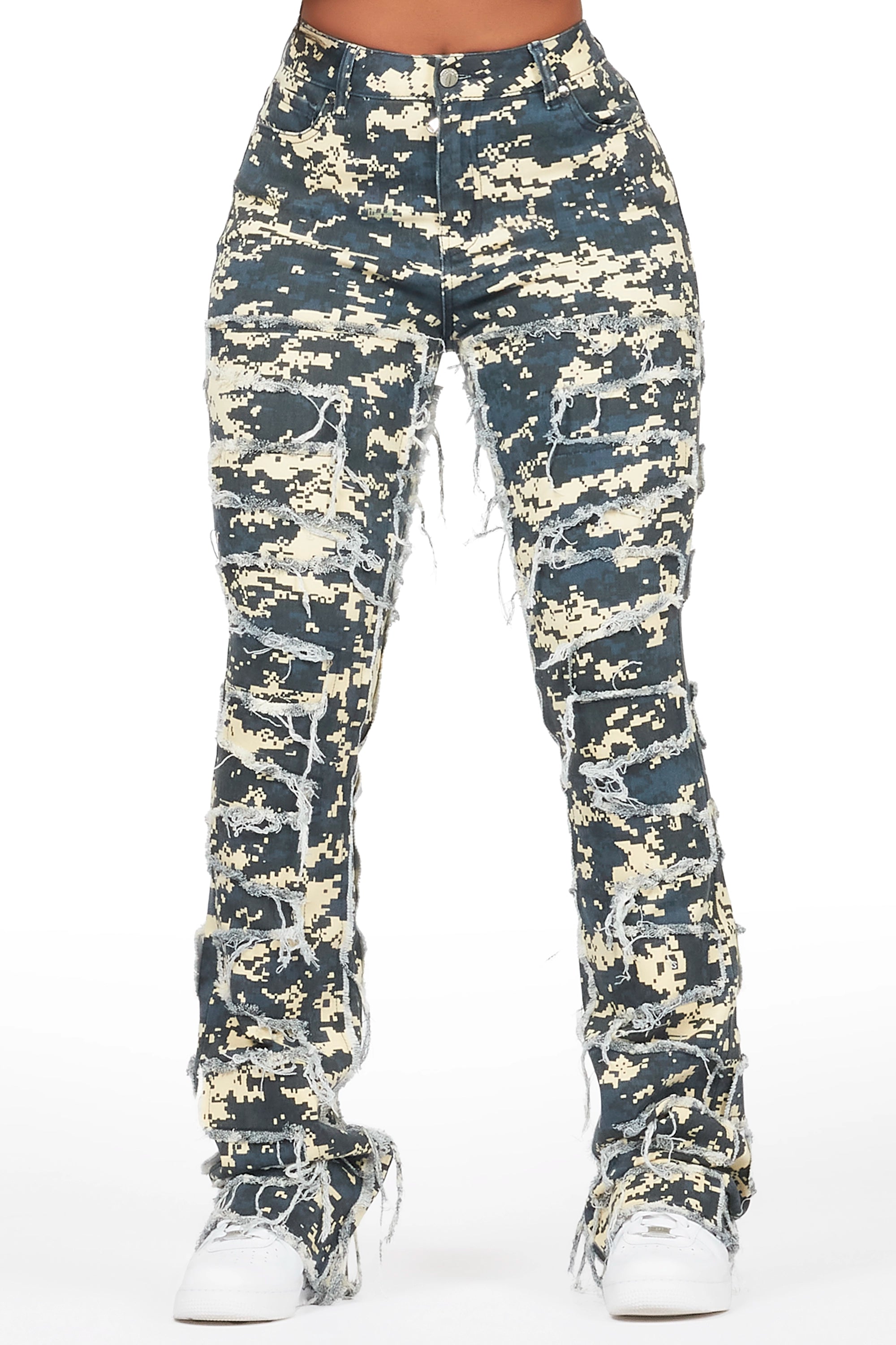 Zariyah Digital Camo Stacked Flare Jean Trendy Patchwork Denim Jeans