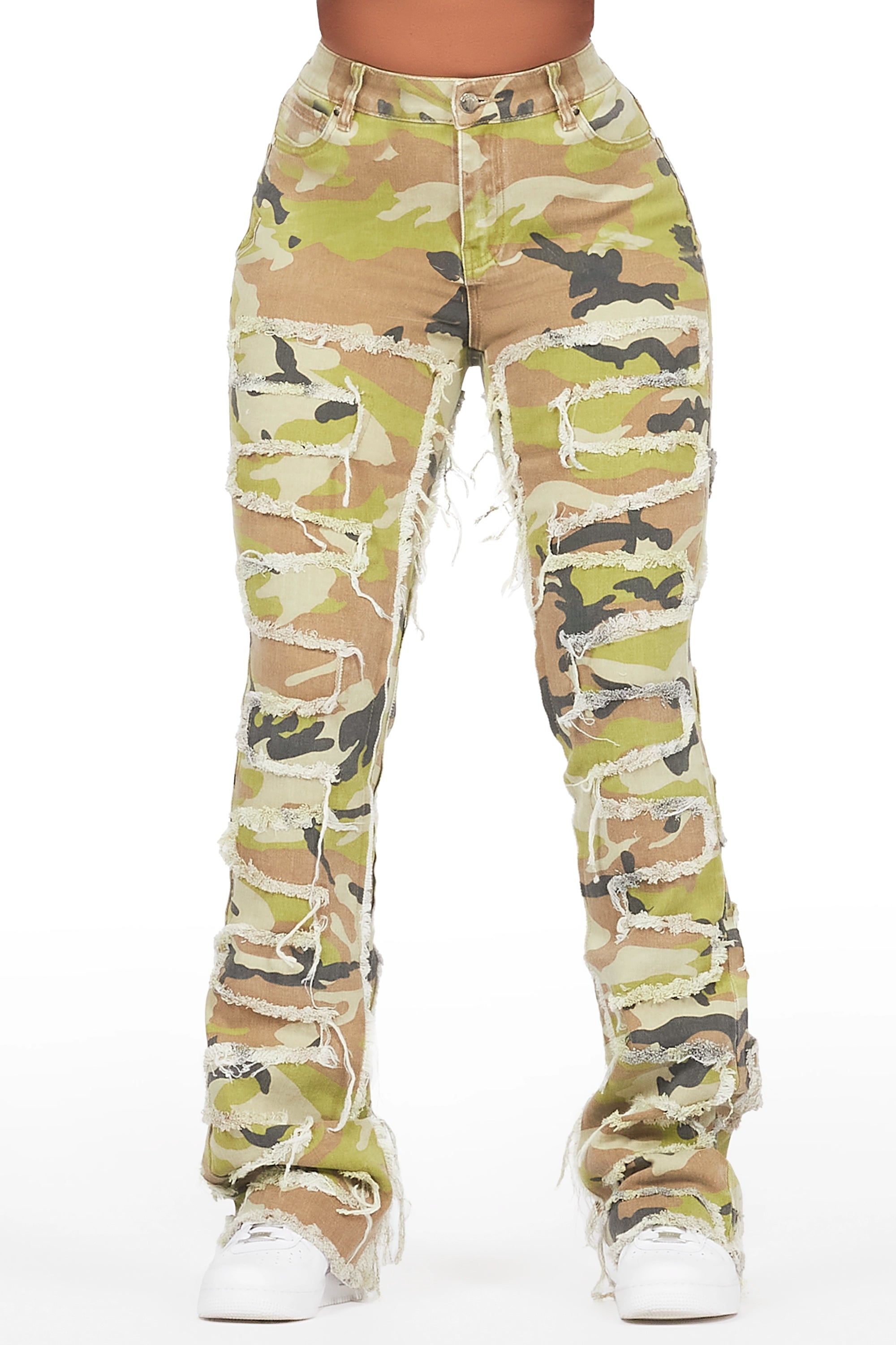 Zariyah Green Camo Stacked Flare Jean Fashionable Relaxed Fit Denim