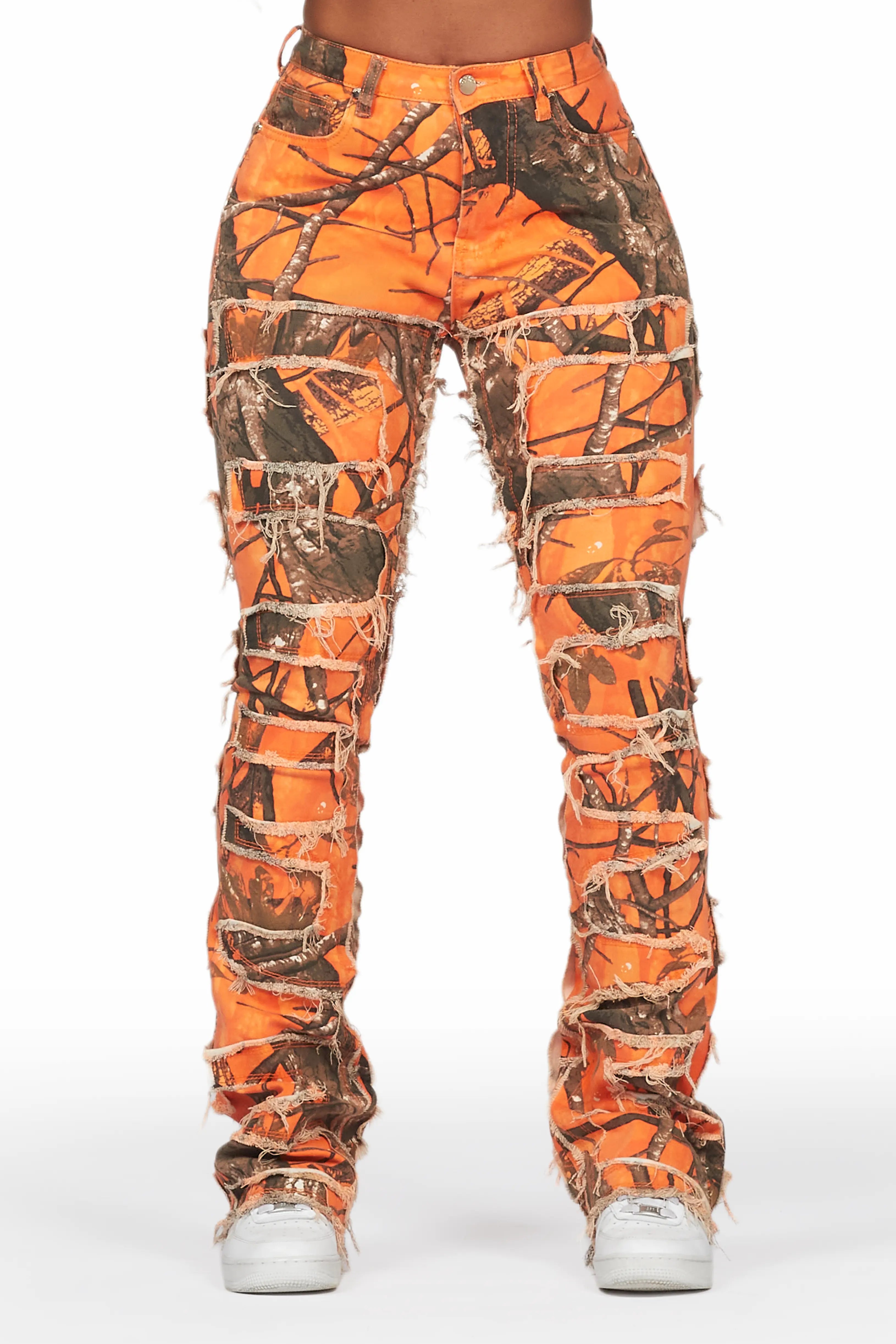 Zariyah Orange Tree Camo Stacked Flare Jean Trendy Patchwork Denim Jeans