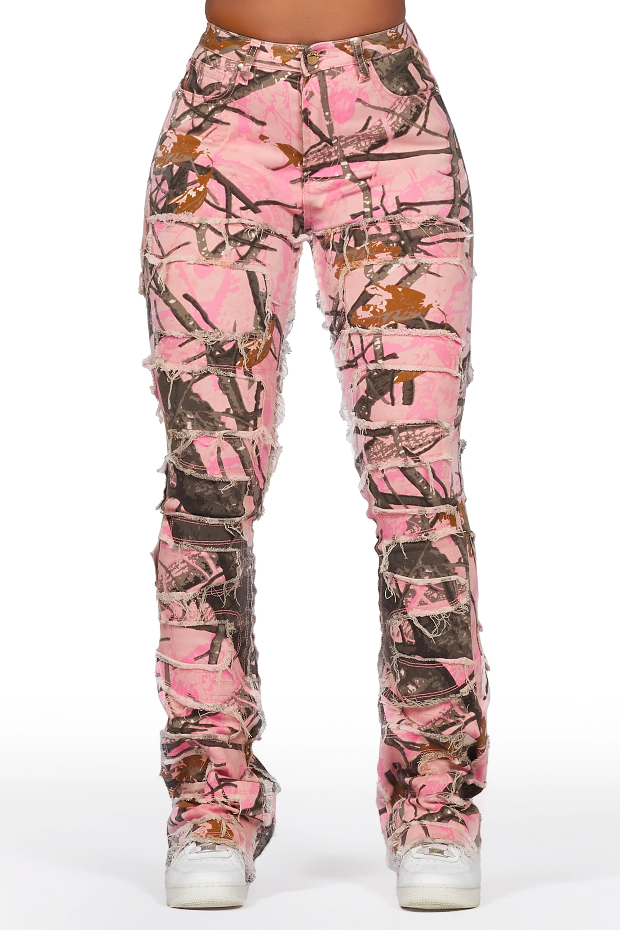 Zariyah Pink Tree Camo Stacked Flare Jean Fashionable Jeggings Style Jeans