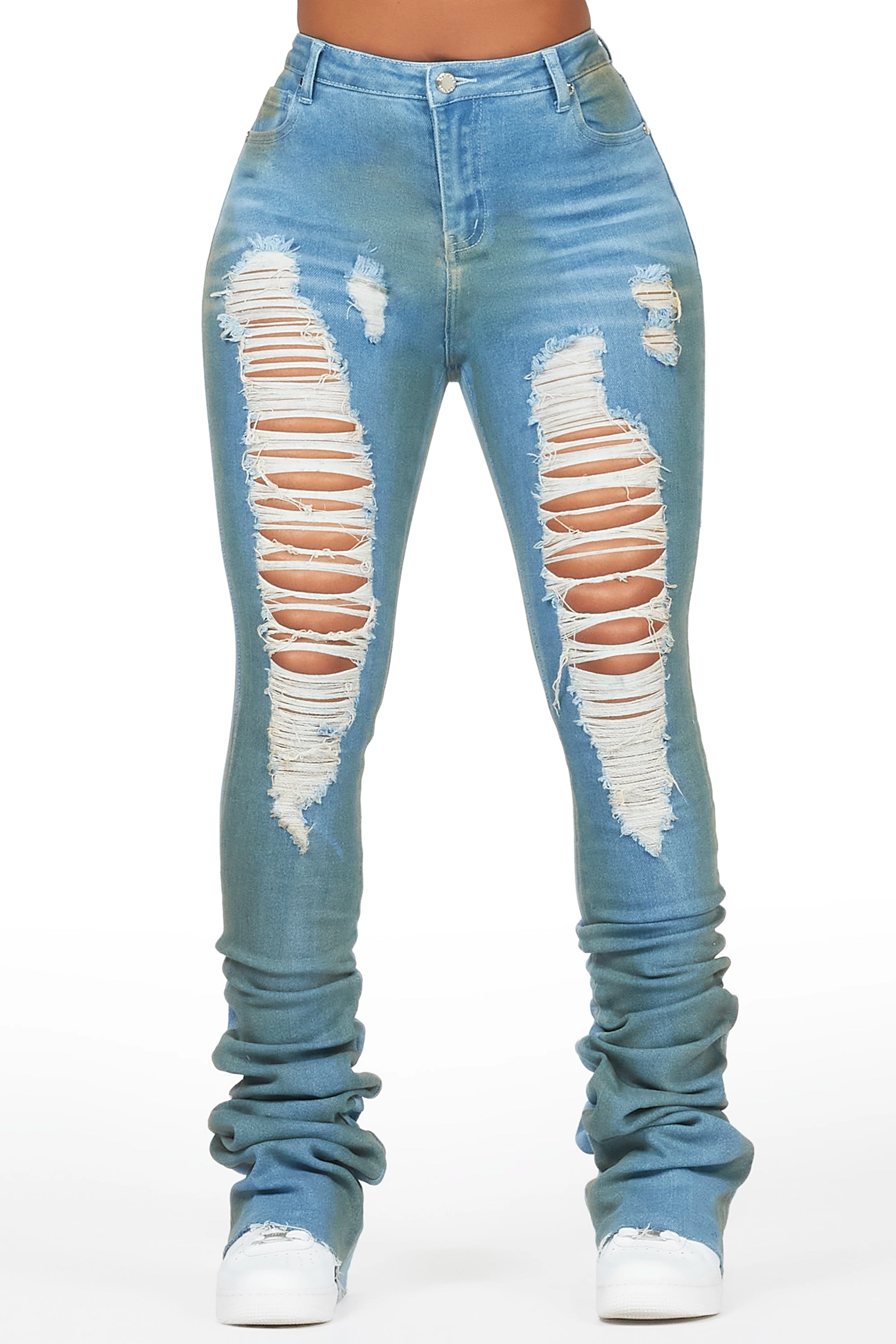 Yours Truly Dirty Blue Bleached Wash Distressed Super Stacked Jean Comfortable Boyfriend Jeans