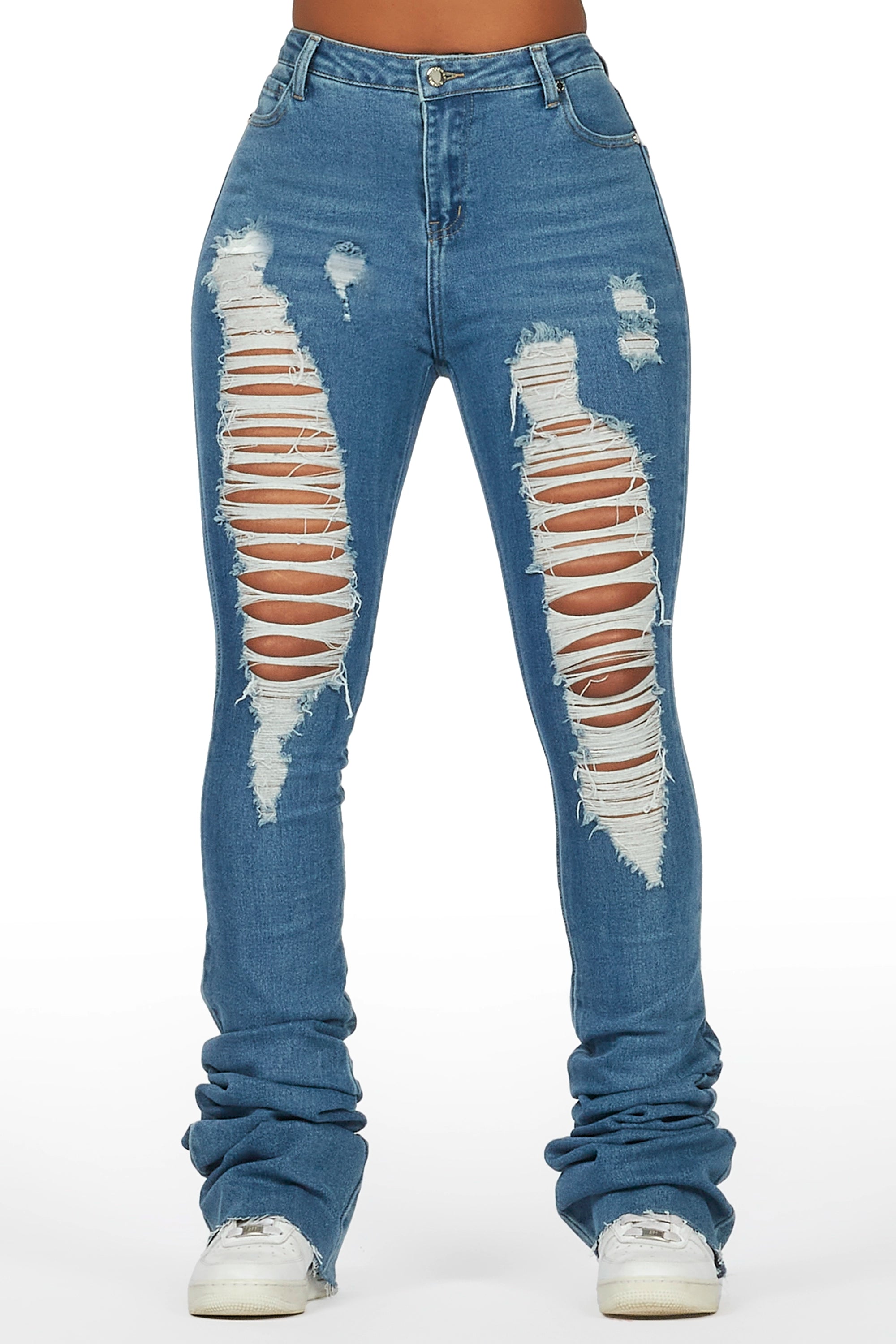 Yours Truly Med. Wash Distressed Super Stacked Jean Fashionable Button-Front Jeans