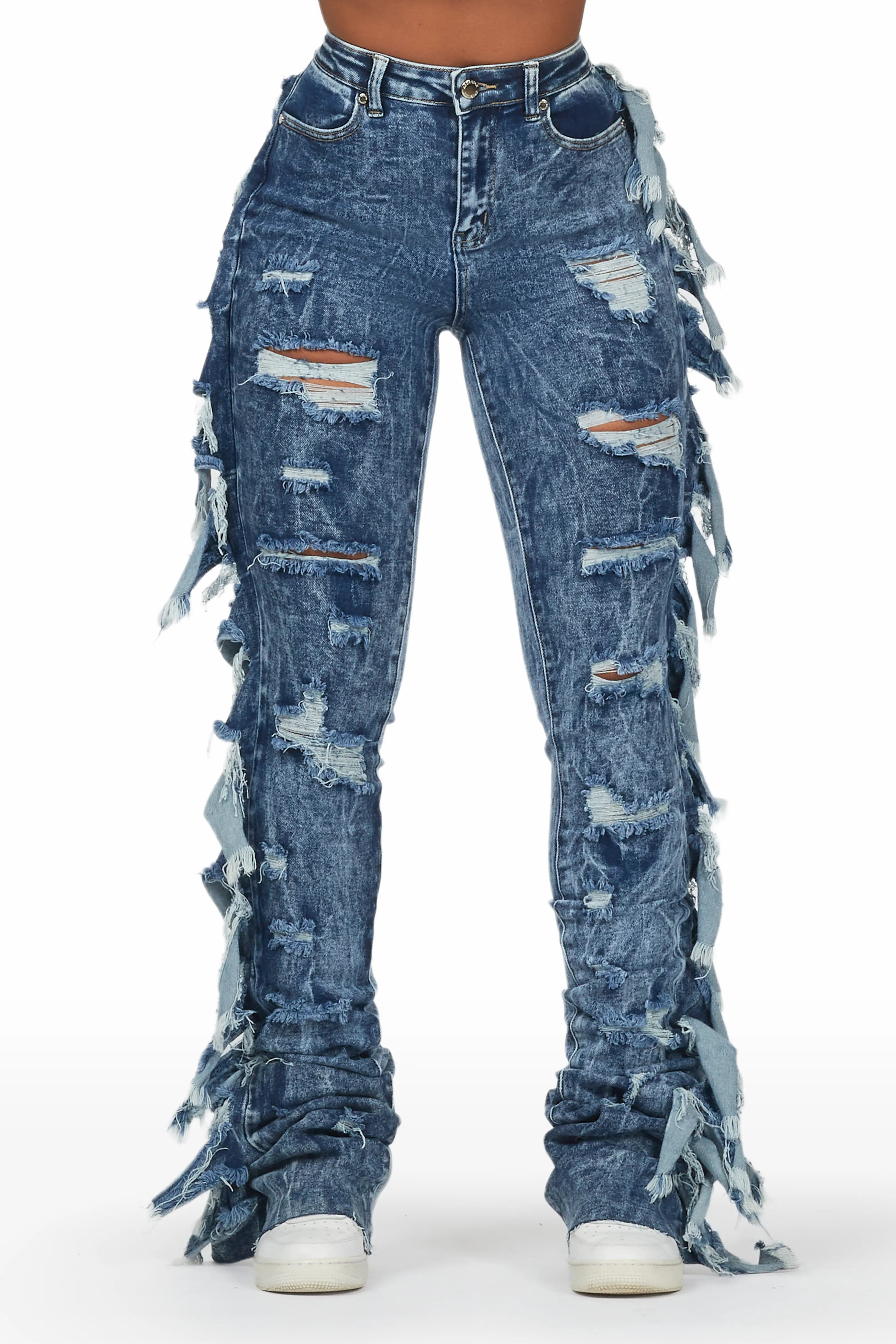 Cataleya Acid Wash Super Stacked Jean Trendy Bootcut High-Waisted Jeans