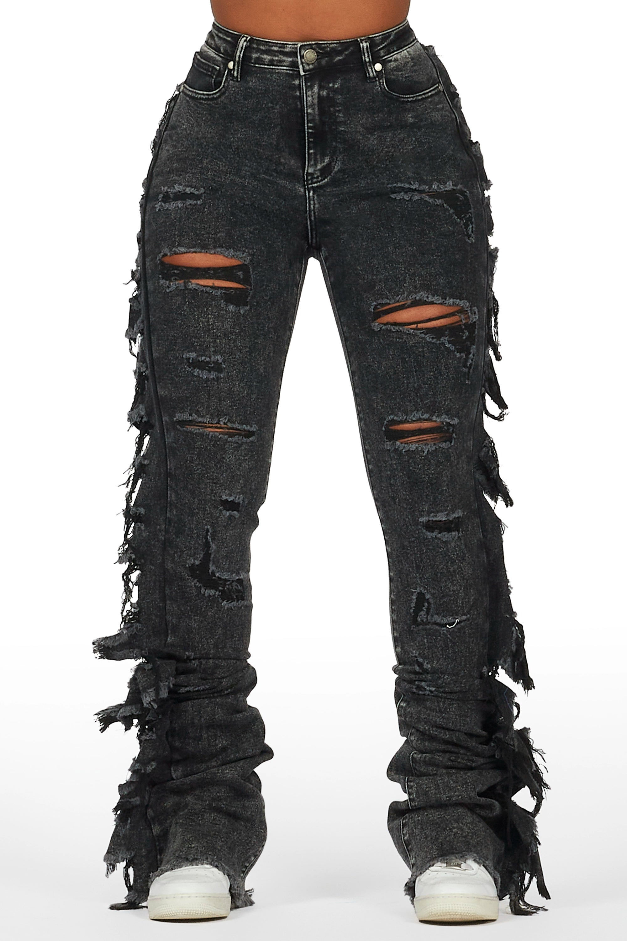 Cataleya Black Wash Super Stacked Jean Comfortable Ankle Jeans