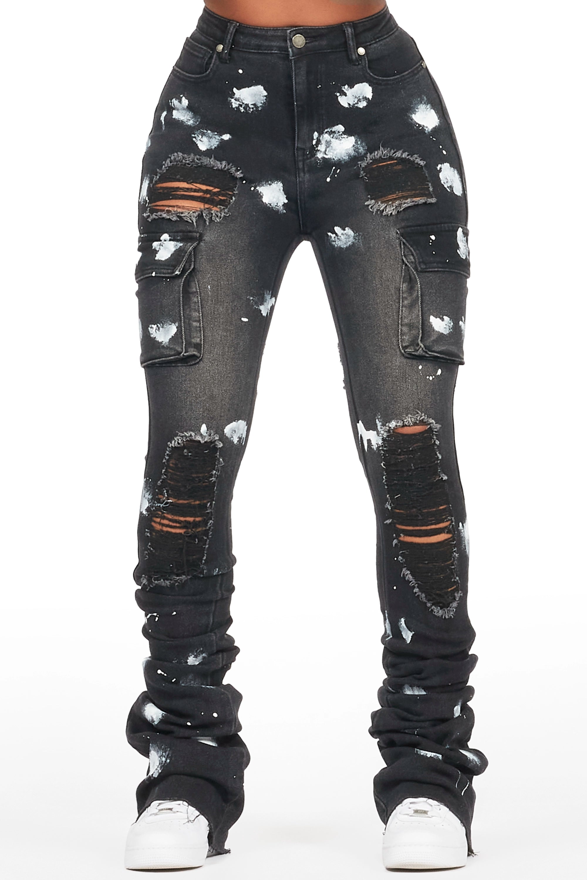 Tersenis Black Painted Cargo Super Stacked Jean Stylish High-Waist Jeans