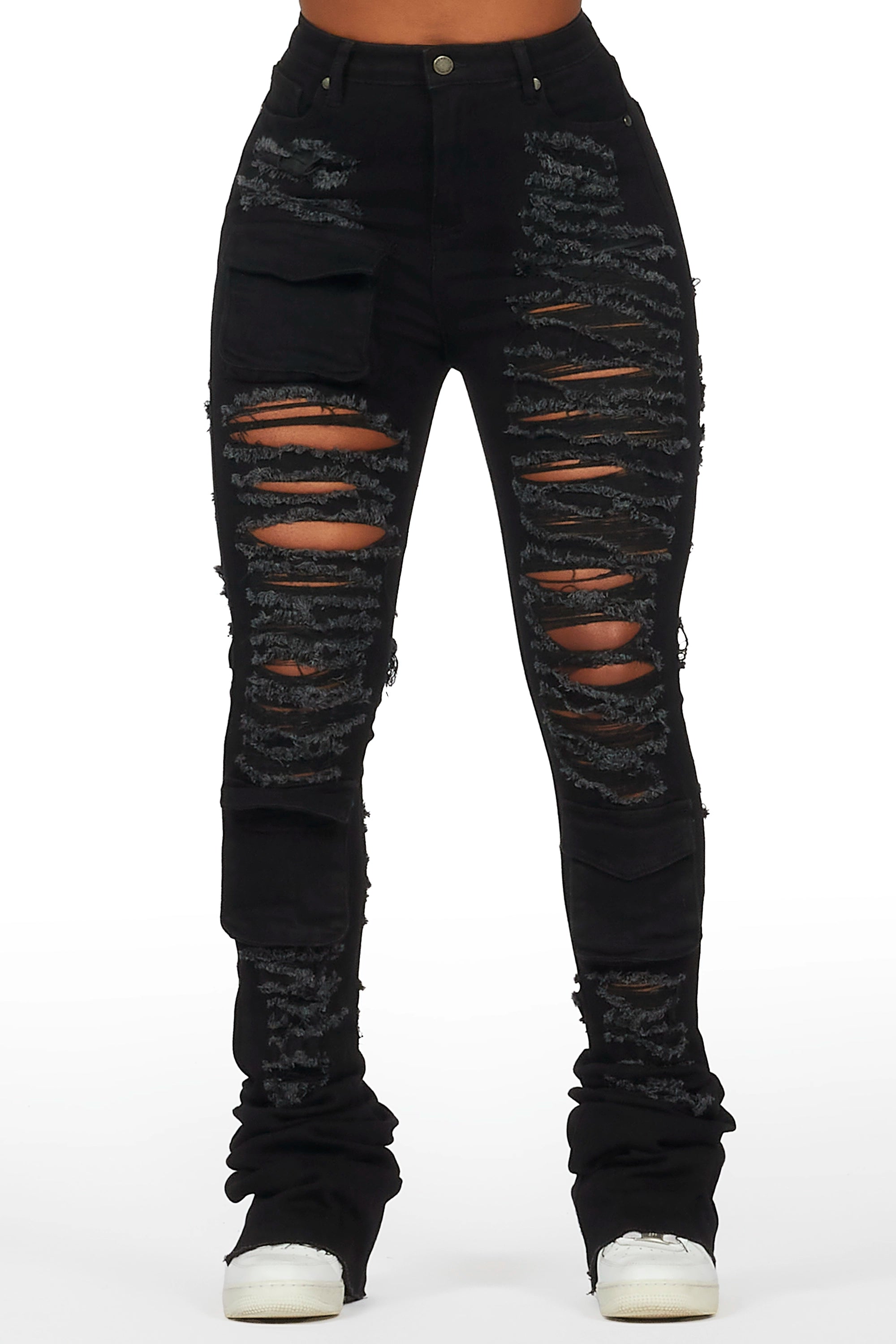 Capria Black Ultra Distressed Super Stacked Jean Trendy Button-Up High-Waist Jeans