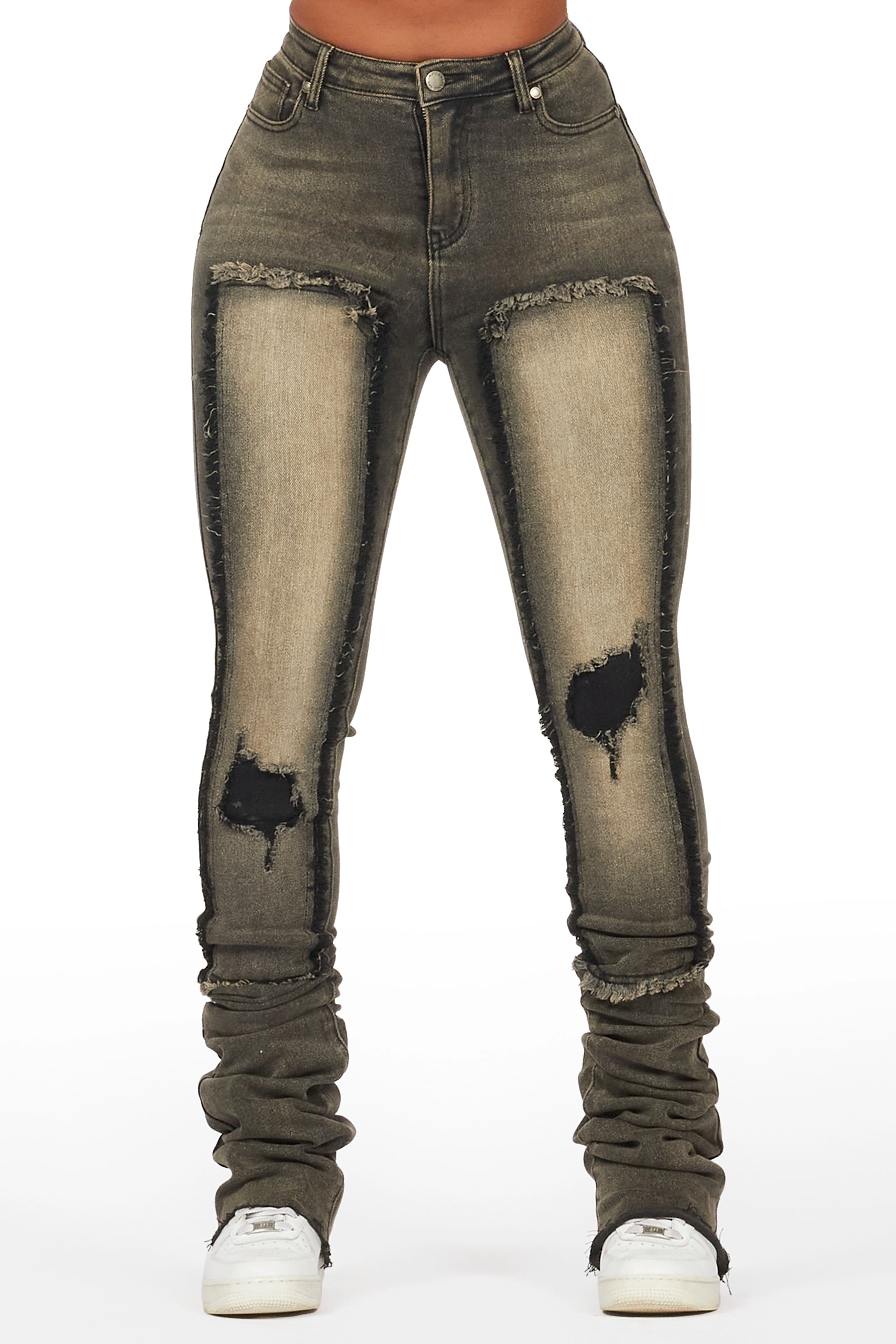 Kersten Tinted Black Wash Super Stacked Jean Fashionable Bootcut Jeans