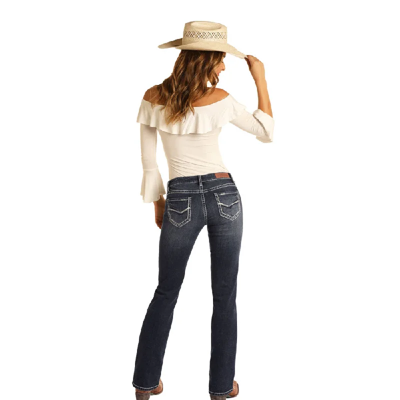 W6-7525 Rock & Roll Cowgirl Juniors Rival Jean Dark Wash Fashionable White Denim Jeans