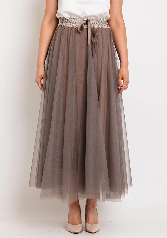 D.E.C.K By Decollage Tulle Midi Skirt, Taupe leather skirt sleek