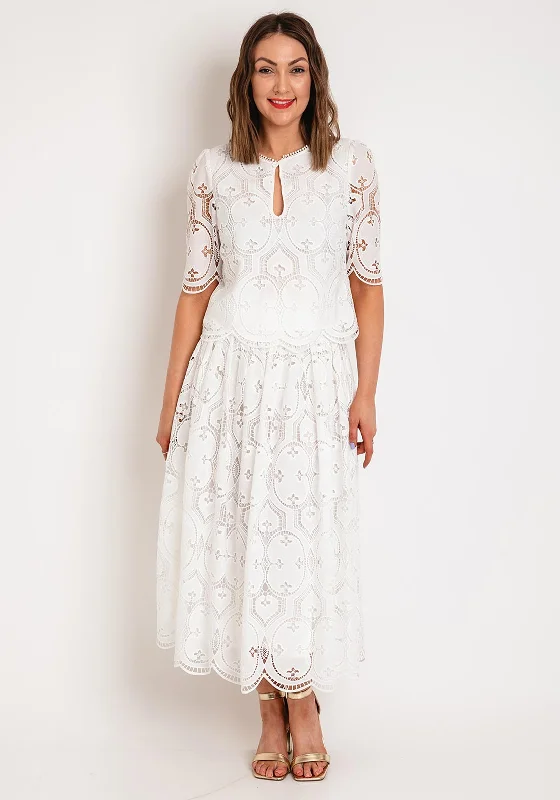 Fee G Jessie Lace Top & Skirt Two Piece, White linen skirt light