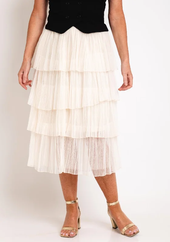 Serafina Collection One Size Tiered Tulle Midi Skirt, Cream denim skirt fashionable