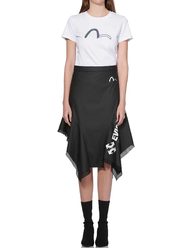 Mesh Trim Asymmetric A-line Skirt leather skirt bold