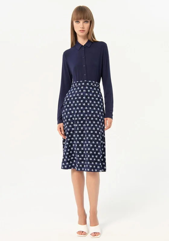 Surkana Flared Print Midi Skirt, Navy Blue lace skirt feminine