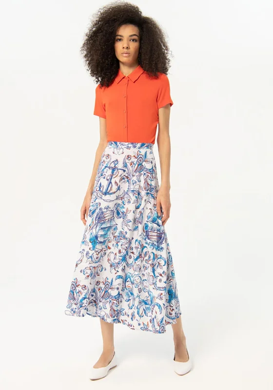 Surkana Seashore Print A-Line Maxi Skirt, Blue corduroy skirt textured