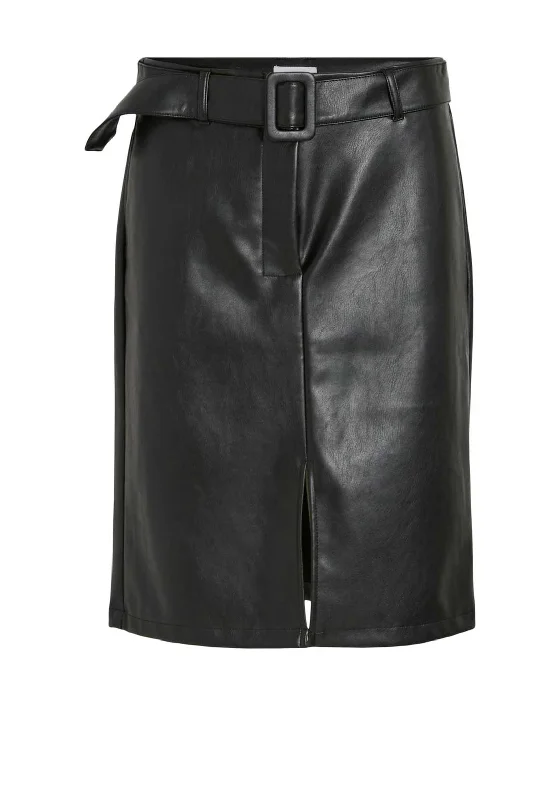 Vila Hennie Coated Buckled Skirt, Black leather skirt sleek