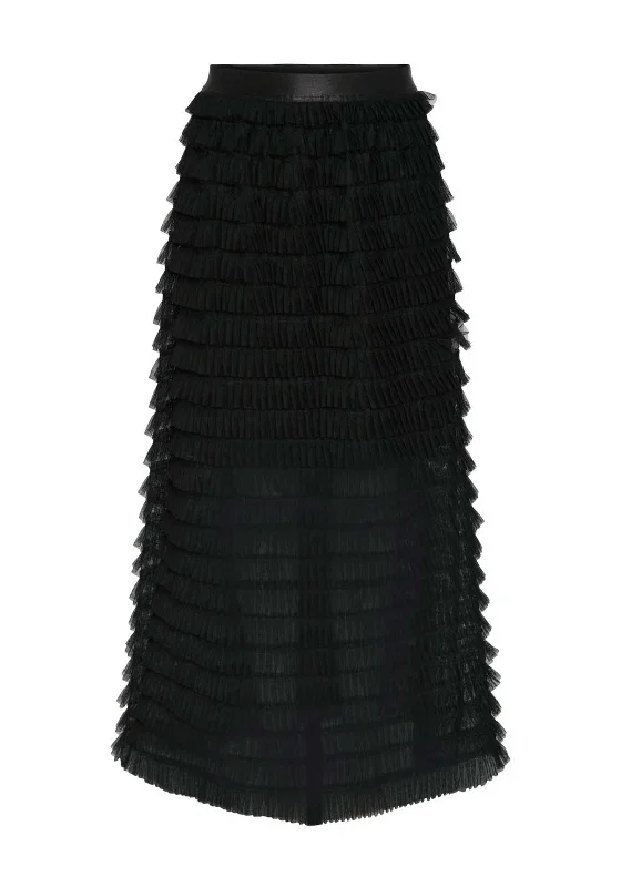 Y.A.S Kira Tiered Tulle Maxi Skirt, Black silk skirt elegant